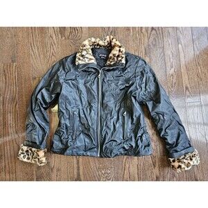 Vtg Y2K Spoiled Girl Black Jacket W/Faux Fur Leopard Print Collar & Cuffs Sz M